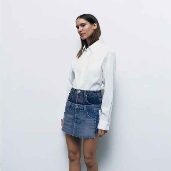ZARA ZW DENIM MINI SKIRT DOUBLE WAISTED - Picture 1 of 11